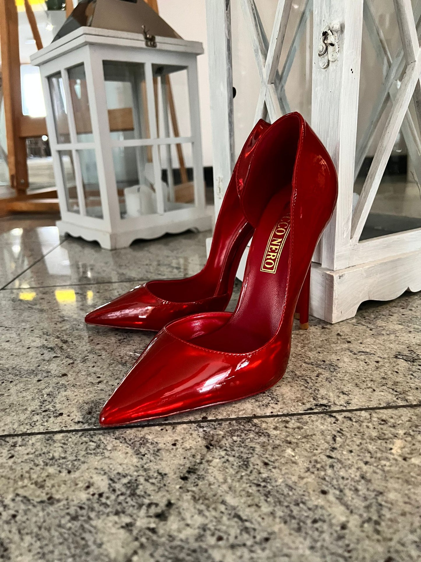 Red holo Side cut heels